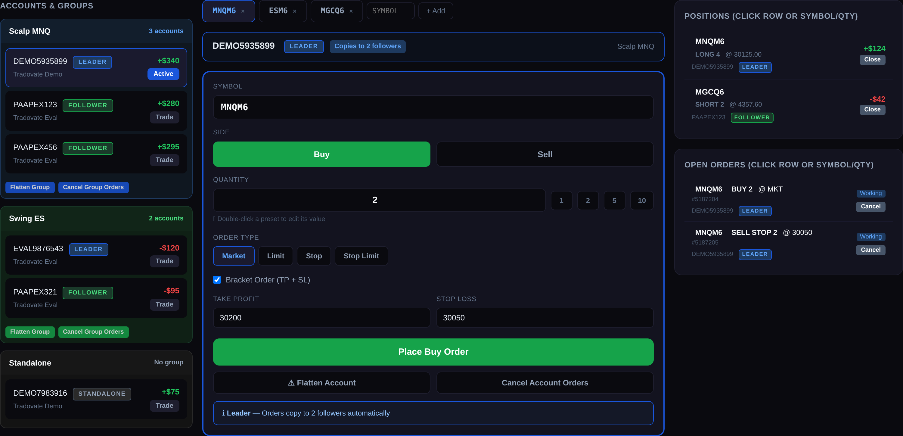 Signal Trade App Quick Order Entry panel showing grouped accounts, order form, and live positions across multiple prop firm accounts